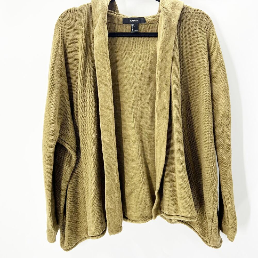 Forever 21 Women's Green Hooded Hoodie Open Cardigan Sweater Top Size L
